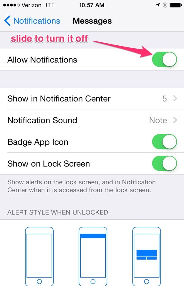 Then uncheck (untoggle?) where it says "Allow Notifications."