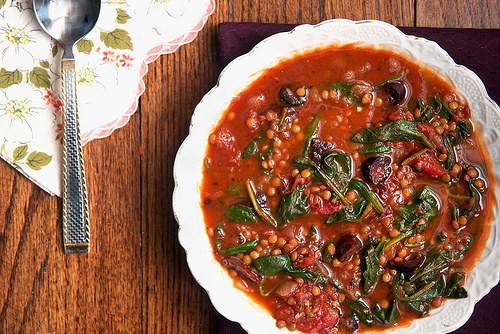 Smoky Tomato Lentil Soup With Spinach and Olives