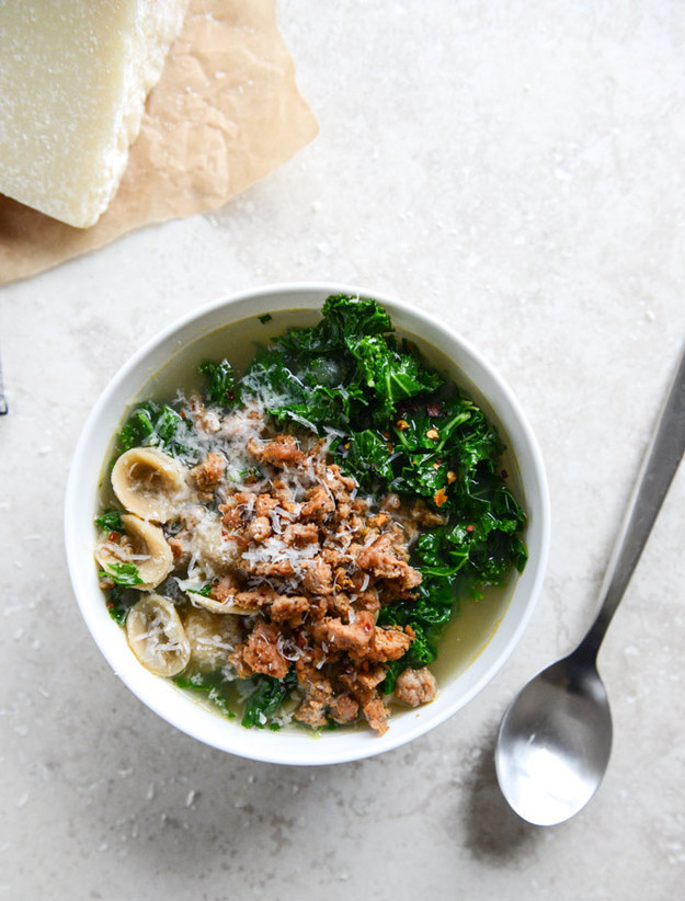 Spicy Sausage, Kale, and Whole Wheat Orecchiette Soup