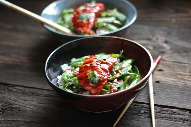 Teriyaki Salmon Bowls With Snap Peas and Sriracha