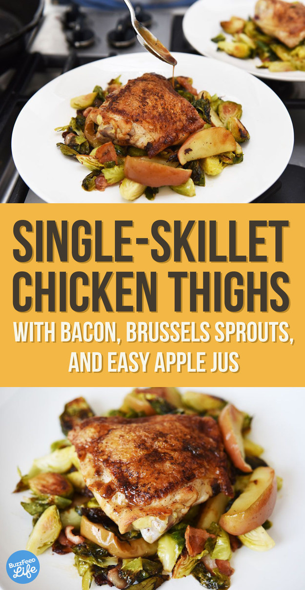 2. Single-Skillet Chicken Thighs with Bacon, Brussels Sprouts, and Easy Apple Jus