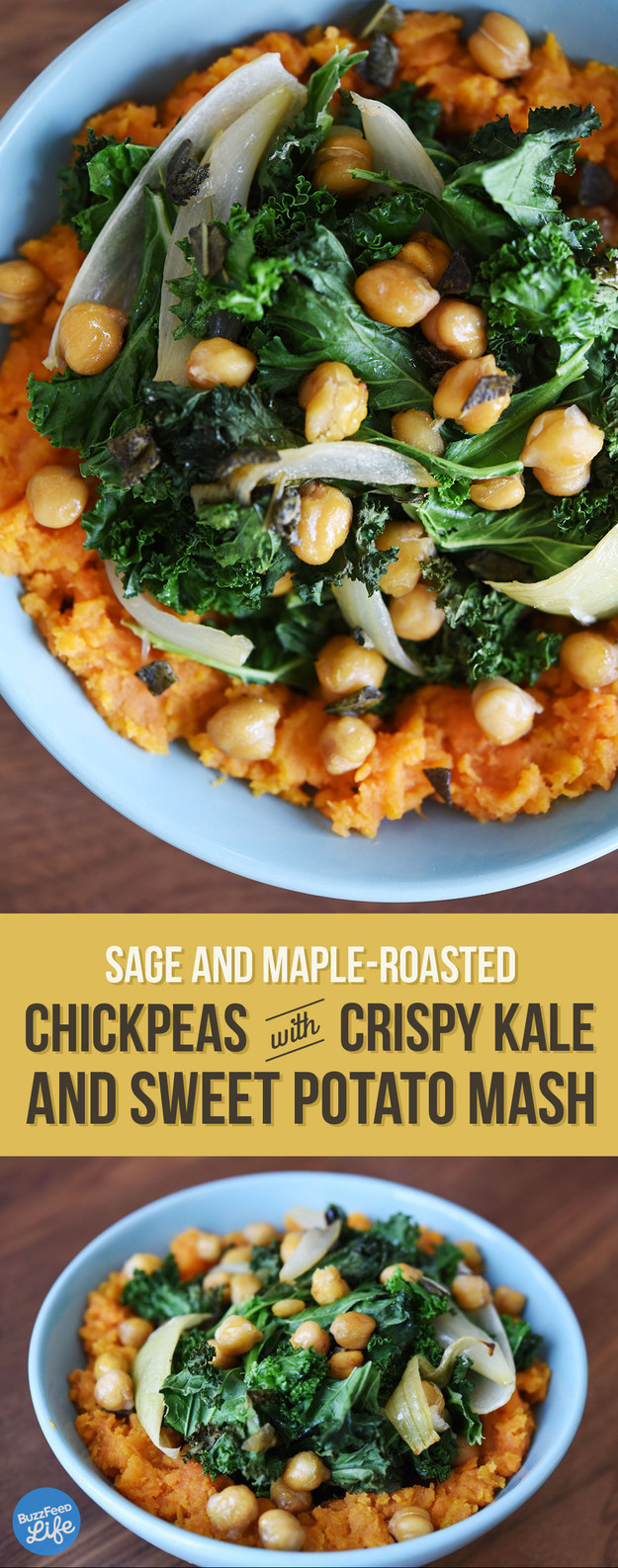 3. Sage and Maple-Roasted Chickpeas with Crispy Kale and Sweet Potato Mash