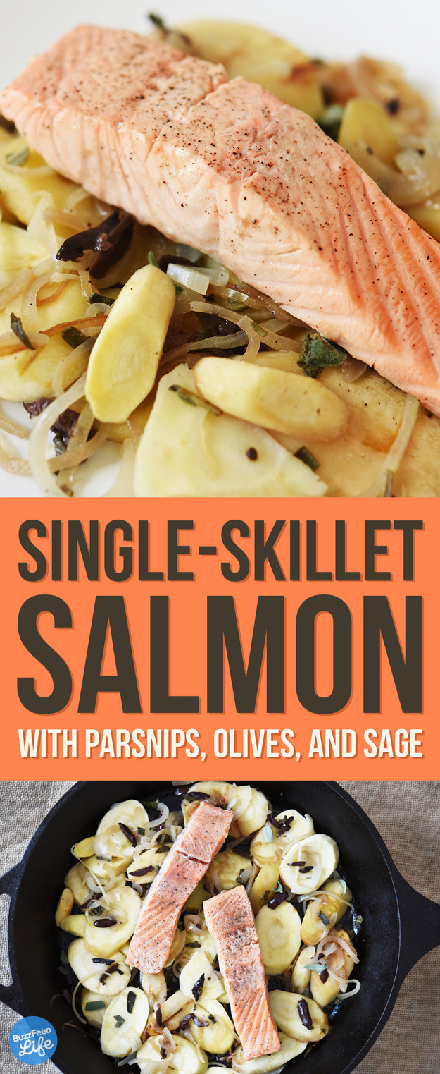 4. Single-Skillet Poached Salmon with Parsnips, Olives, and Sage