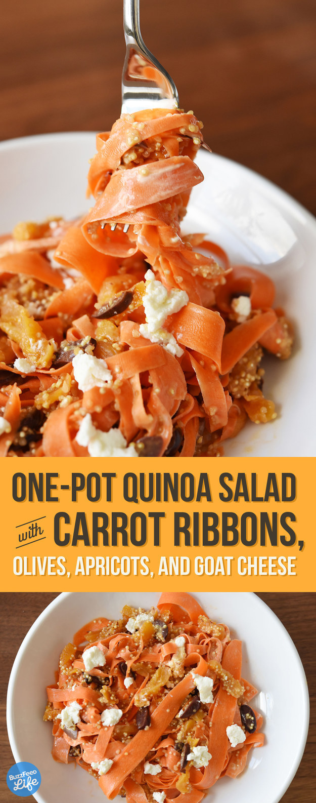 5. One-Pot Quinoa Salad with Carrot Ribbons, Olives, Apricots, and Goat Cheese