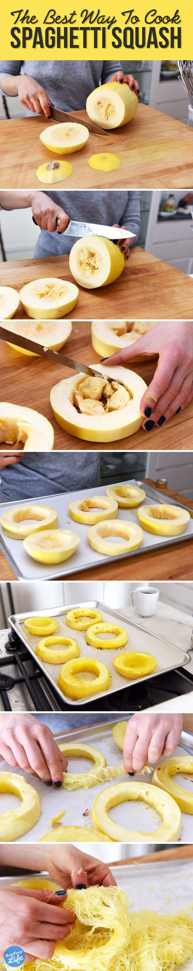 In this recipe, you'll slice the spaghetti squash into rings and then roast it. This way, you'll get longer strands. And it's so much more delicious than doing it in the microwave.