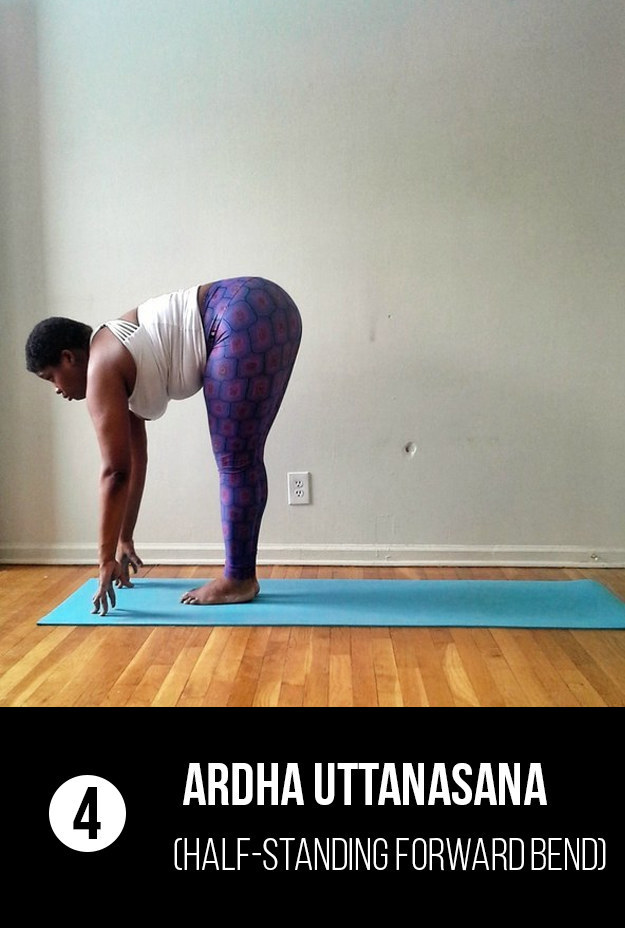 Inhale and rise to your fingertips in Ardha Uttanasana (Half-Standing Forward Bend).