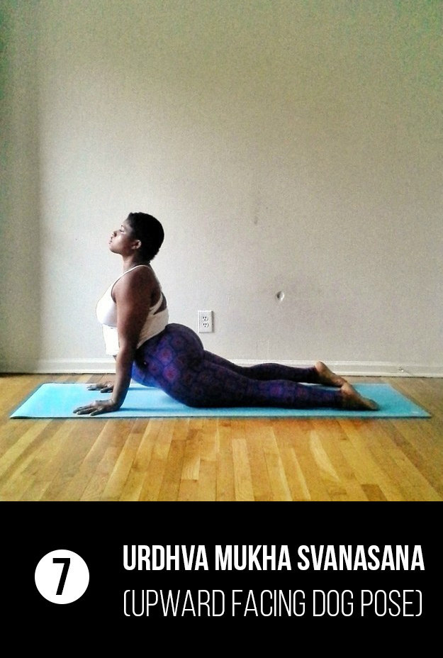 Inhale as you roll over your toes and press the top of your feet evenly into the ground. Lift your knees and thighs away from the floor into Urdhva Mukha Svanasana (Upward Facing Dog Pose).