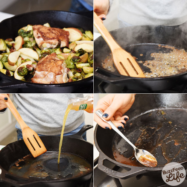 You'll cook this dish in a single skillet, then take everything out and use vinegar and apple juice to make a quick jus with all of the delicious pan drippings!