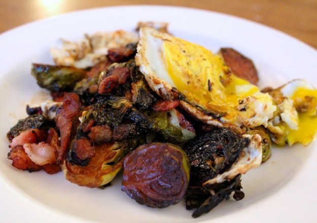 Balsamic-Braised Bacon Brussels Sprouts with Fried Egg