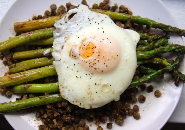 Browned Butter Balsamic Asparagus with Crispy Lentils and Fried Egg