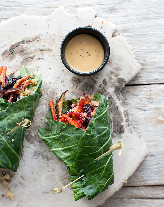 Collard Wraps with Roasted Vegetables, Quinoa, Brown Rice, and Mustard Miso