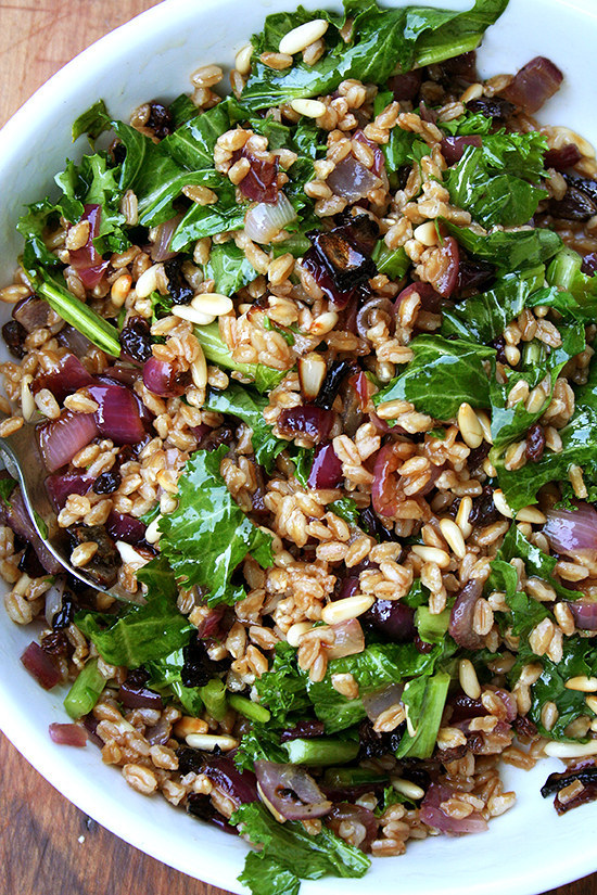 Farro Salad with Toasted Pine Nuts, Dried Currants, and Mustard Greens