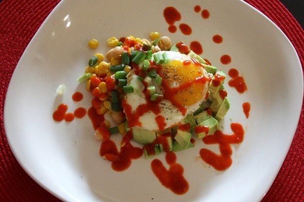 Fried Egg with Chickpea Salad and Sriracha