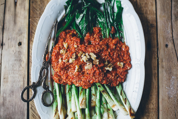 Grilled Green Onions with Walnut Romesco