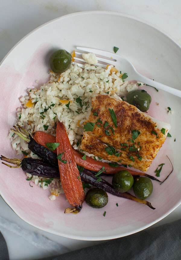 Moroccan-Spiced Cod with Cauliflower Couscous and Carrots