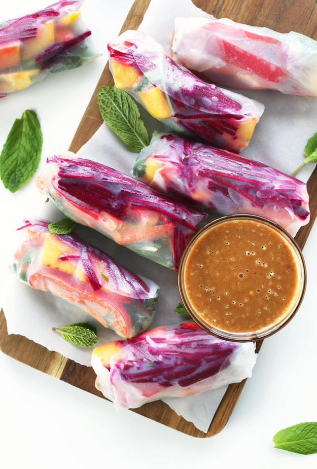 Rainbow Spring Rolls with Ginger Peanut Sauce