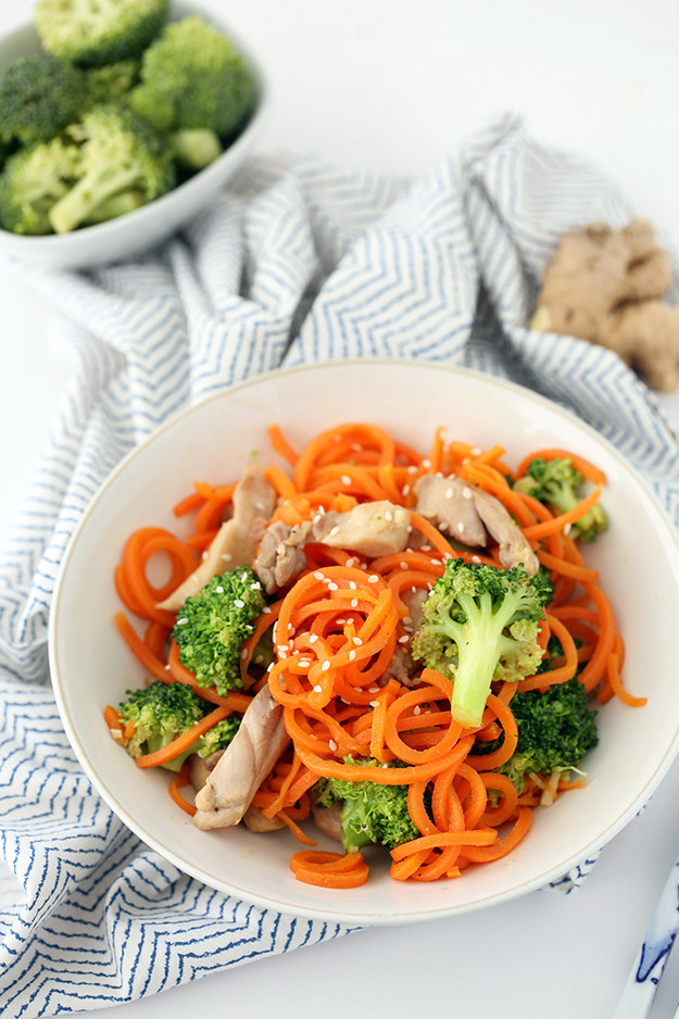 Sesame-Ginger Garlic Chicken and Broccoli Carrot Noodle Stir Fry