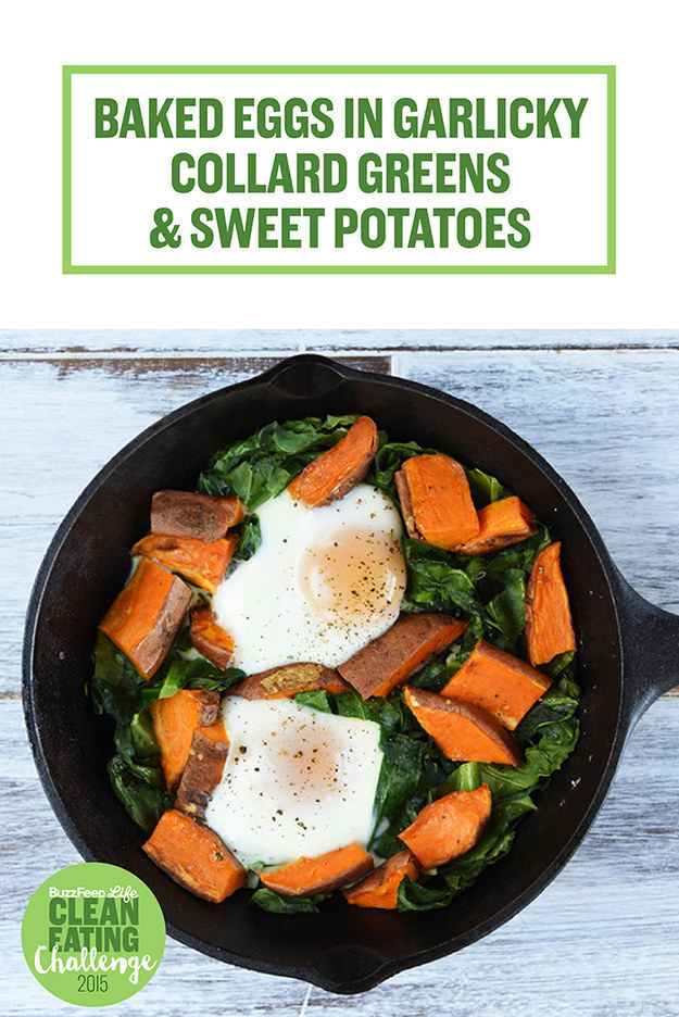 Baked Eggs in Garlicky Collard Greens &amp; Sweet Potatoes