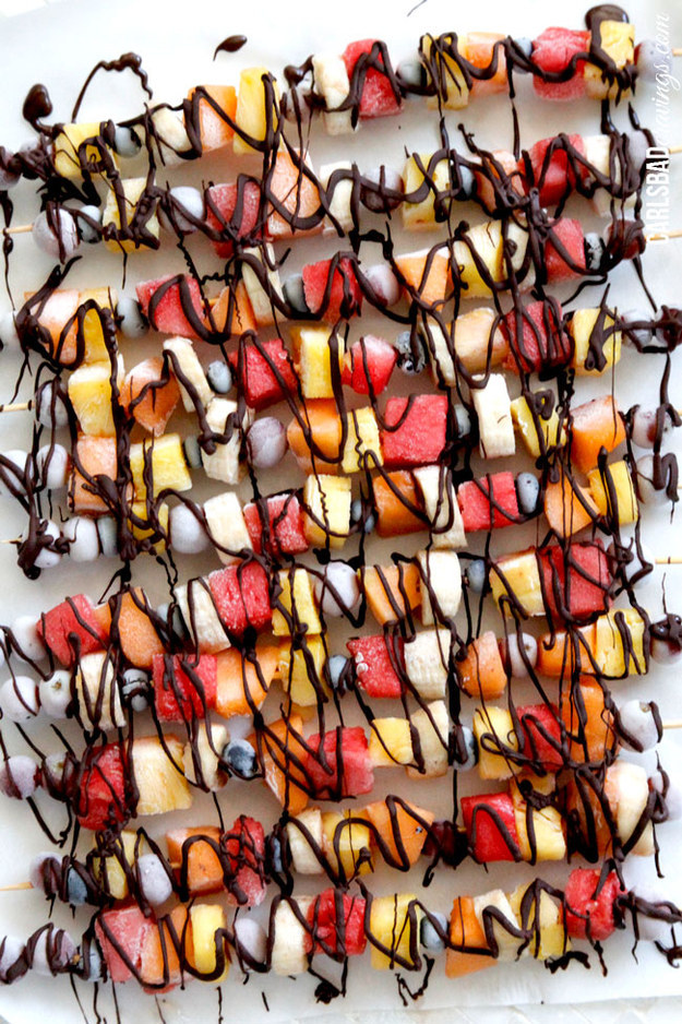 Chocolate Drizzled Frozen Fruit Skewers