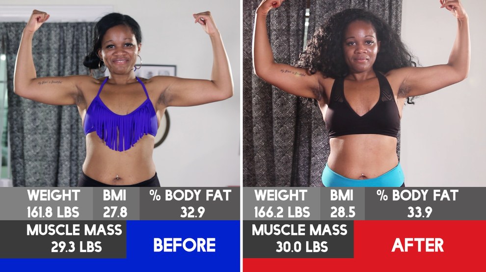 Daysha gained almost a pound of muscle and three pounds of body fat.