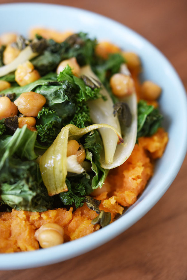 Sage and Maple-Roasted Chickpeas With Crispy Kale and Sweet Potato Mash