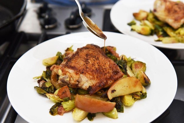 Single-Skillet Chicken Thighs with Bacon, Brussels Sprouts, and Easy Apple Jus