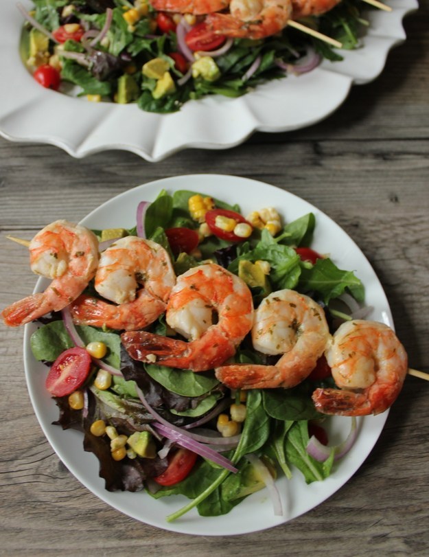 Summer Salad with Avocado, Corn, and Grilled Herb Shrimp